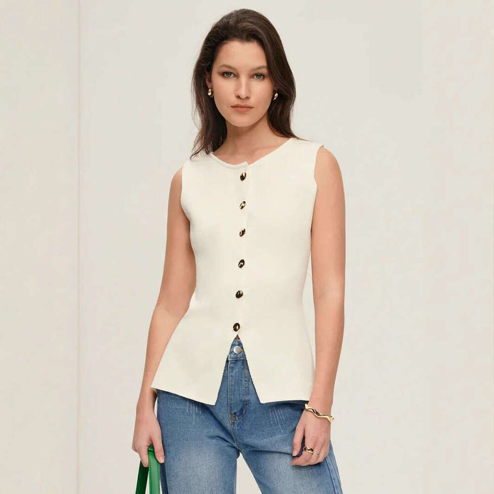 TRAFZA Style Spring Sleeveless Slim Fit Plain Knit Gold Button Vest Women's Knitted Top B5