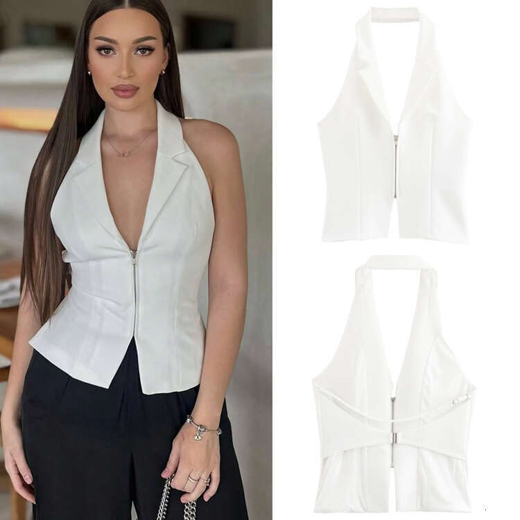TRAFZA Women's Summer New Backless Buckle Slim Fit V-Neck Halter Tank Top B5