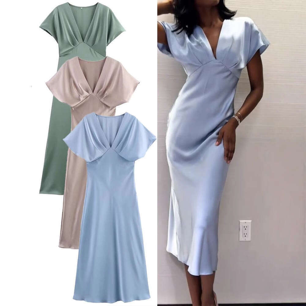TRAFZA Spring Summer New Style Women's Fashionable Elegant Casual Satin Texture Dress B5