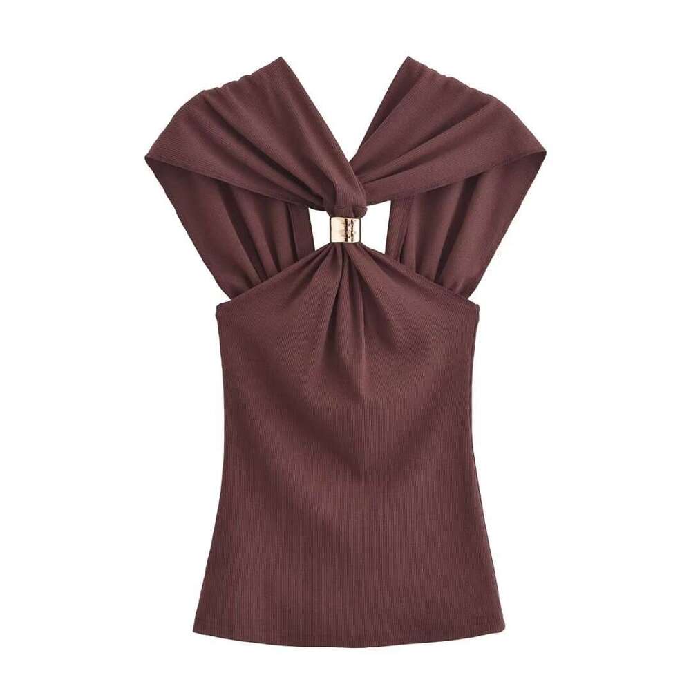 TRAFZA New Style Women's Clothing Classic Gold Embellished Halter Neck Knitted Top Vest B5