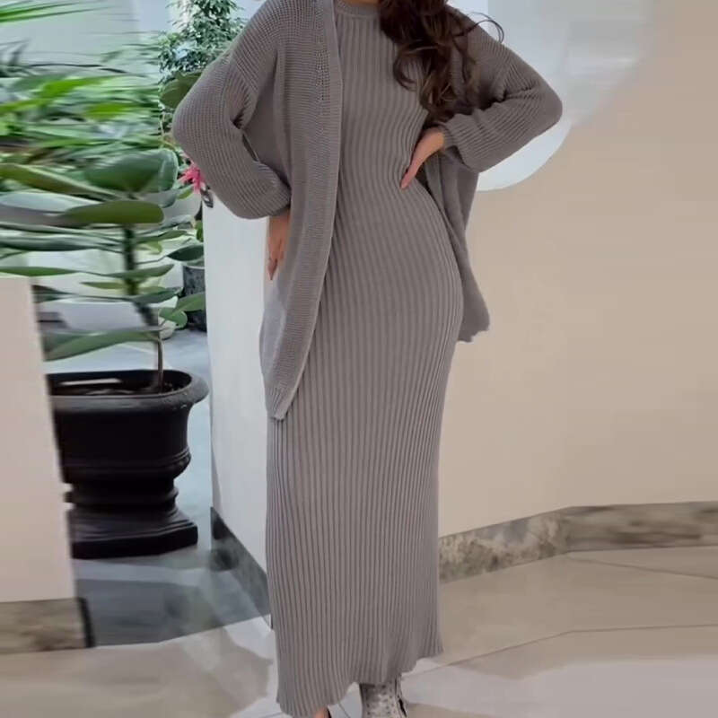 Russian Autumn Winter New Casual Round Neck Lazy Style Cardigan Knitted Suit Dress B5