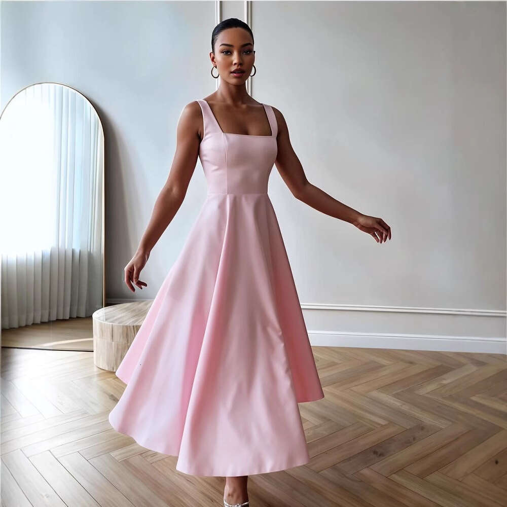 Summer New Solid Color Square Neck Sleeveless Strap Youth Long Fashion Women's Dress B5