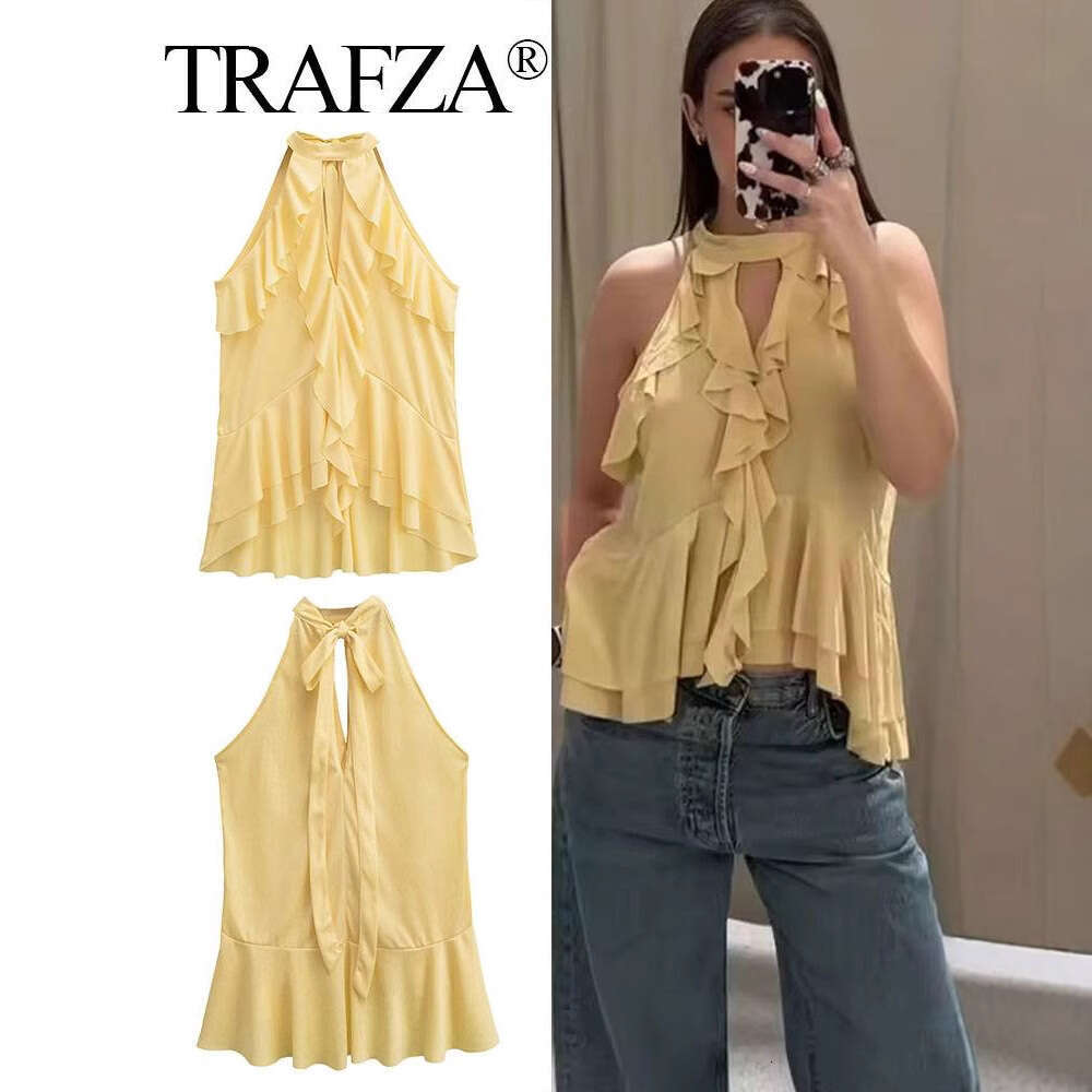 TRAFZA Women's Fashion Spring New Layered Decorative Halter Neck Top B5