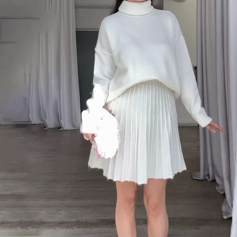 Autumn Winter New Women's Sweater High Neck Long Sleeve Fashion Casual Pleated Short Skirt Set B5