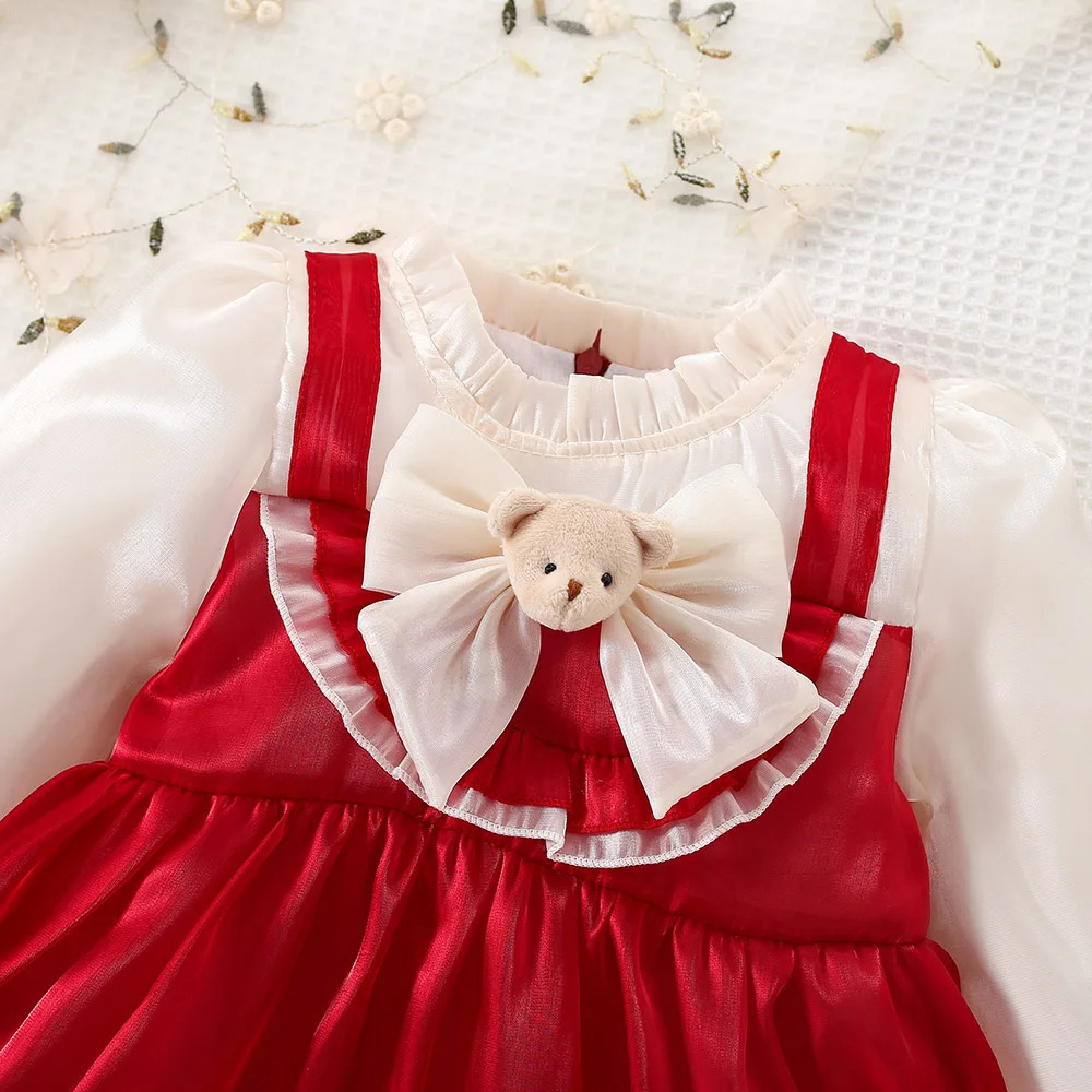 Spring and Autumn Bow Little Bear Girl Princess Dress Sweet Childrens Long sleeved Clothes 0-3 Years Old 250715
