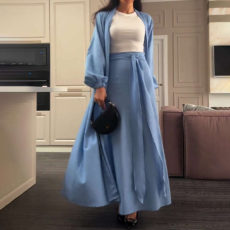 Women's Satin Puff Sleeve Dubai Elegant Cardigan Robe Tie Half Two-Piece Set B5