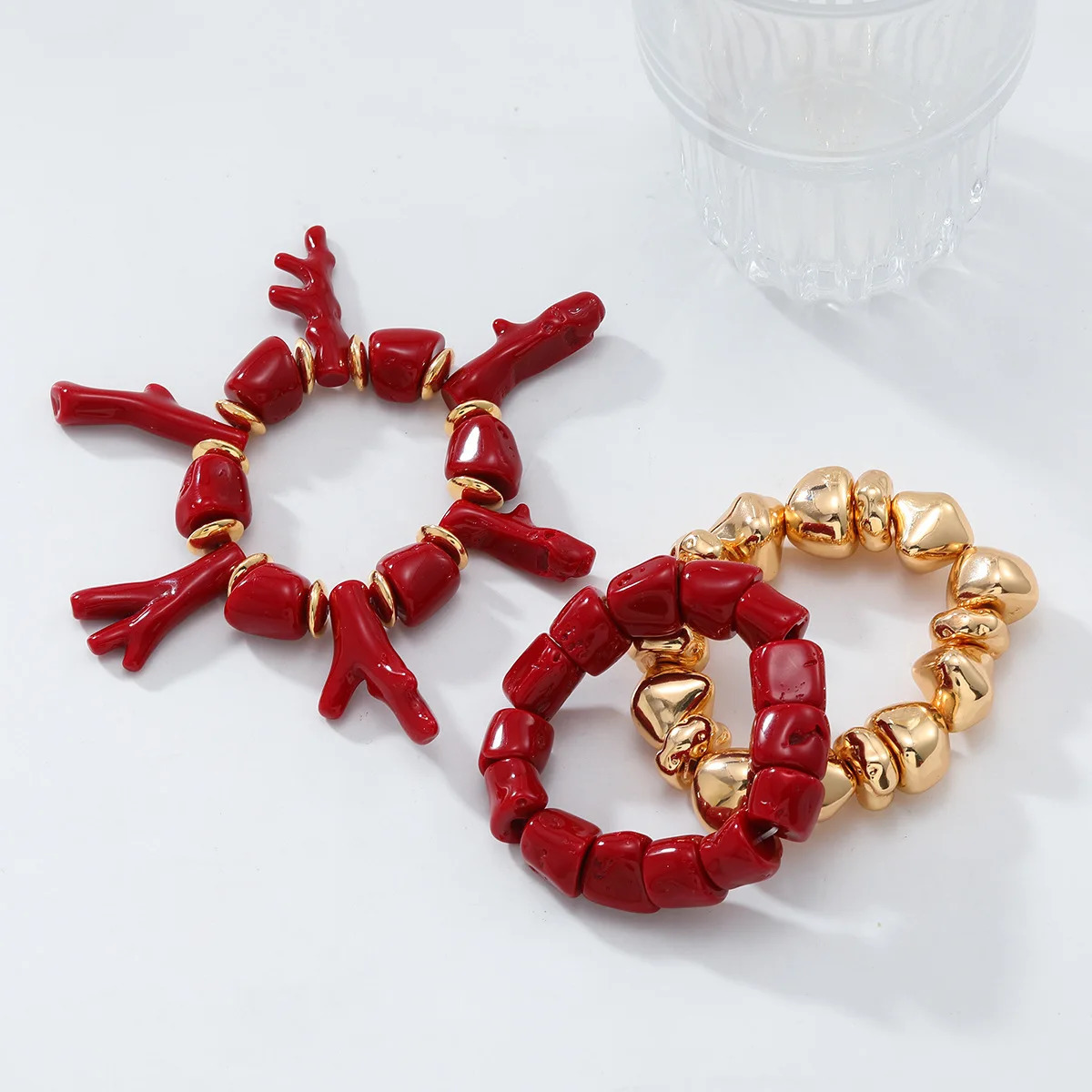 ZAA Exaggerated Summer Vacation Style Red Coral Bracelet 3-Piece Set 250711