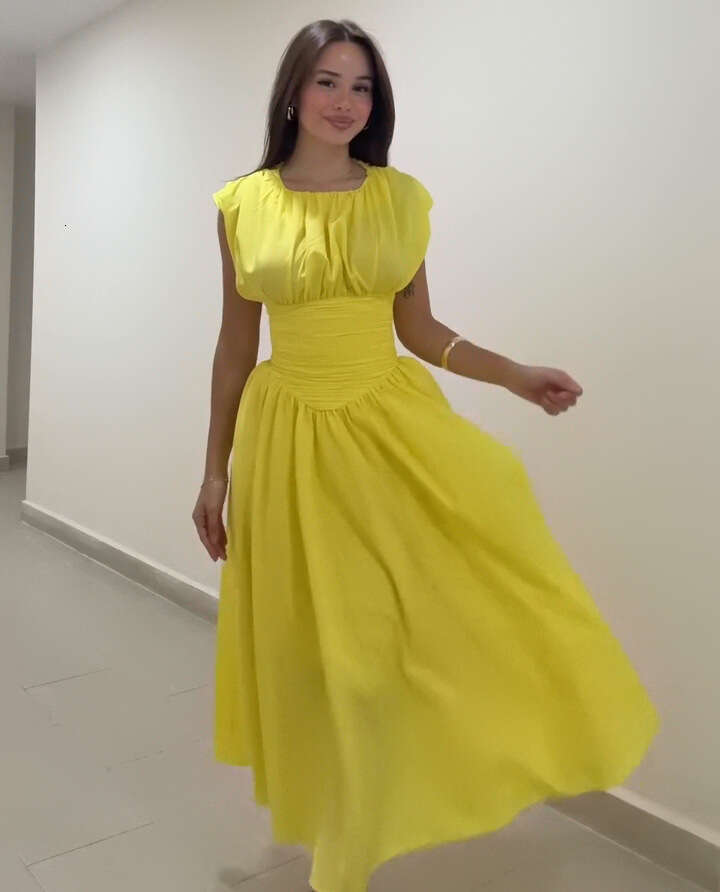 New Sweet Pure Desire Waist-Cinching Slimming A-Line French Style Girl Pleated Patchwork Short Sleeve Mid-Length Dress For Women B5