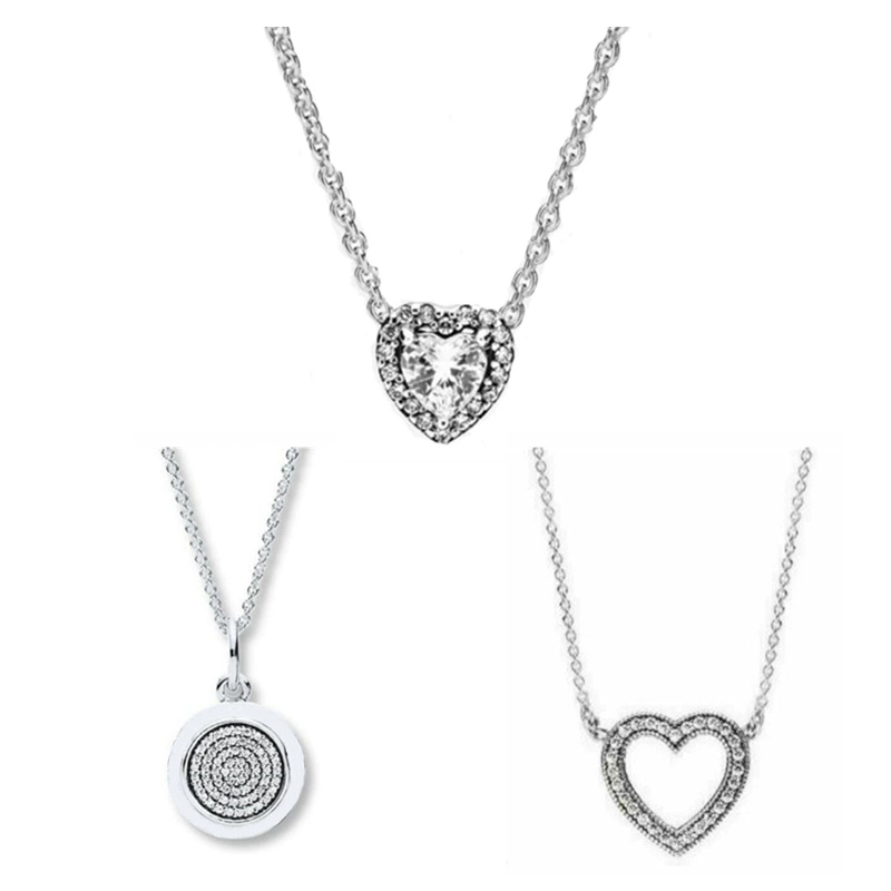 Authentic Designer Round Heart Pendant Necklace - S925 Sterling Silver & Zircons Diamond for Women Birthdays/Christmas Jewelry Sets Gifts N071