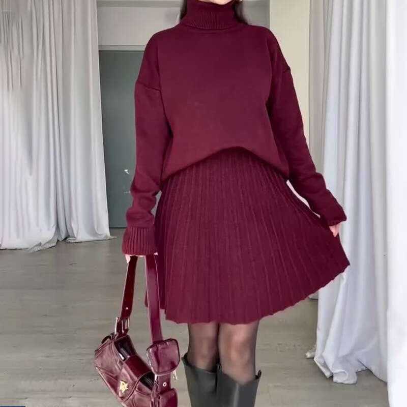 Autumn Winter New Women's Sweater High Neck Long Sleeve Fashion Casual Pleated Short Skirt Set B5