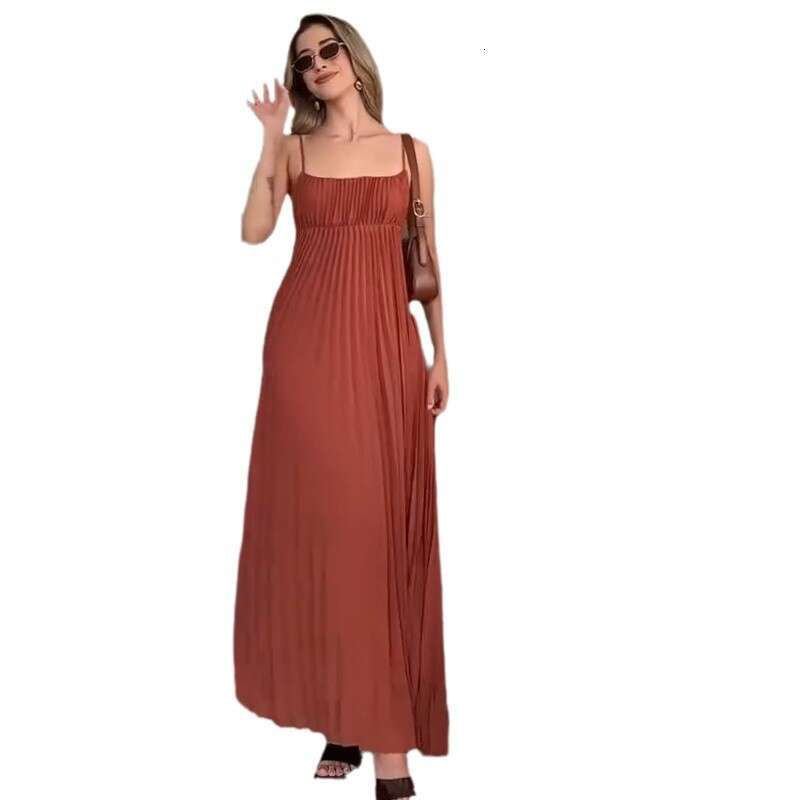 Summer New Style Strap Women Sexy Slim Fit Elegant Pleated Dress B5
