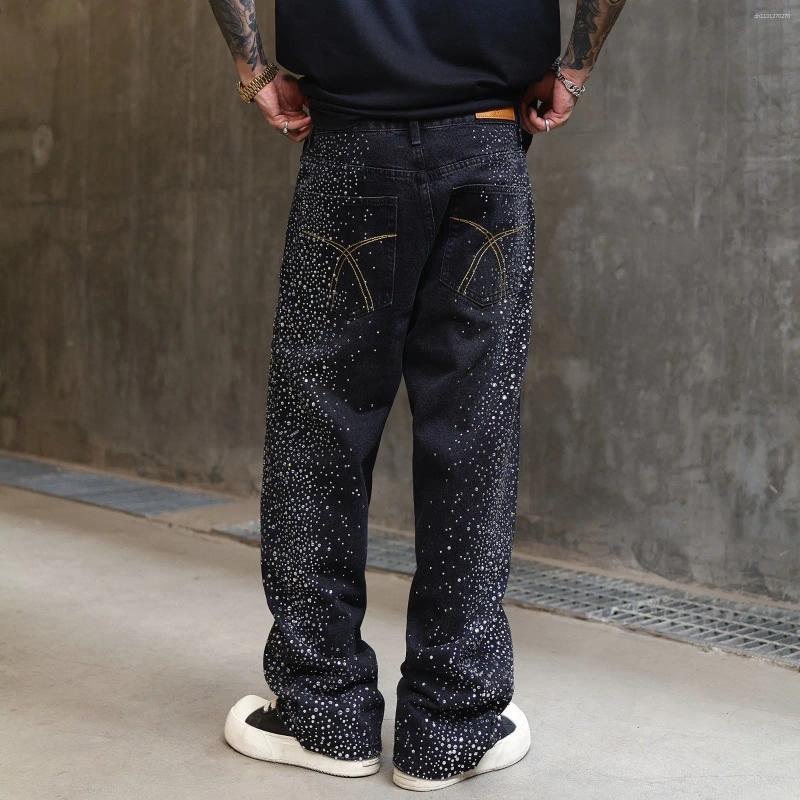 Men's Jeans Men Crystal Denim Loose Rhinestone Black Pants Punk Luxurious Design Hip Hop Streetwear Straight Trousers