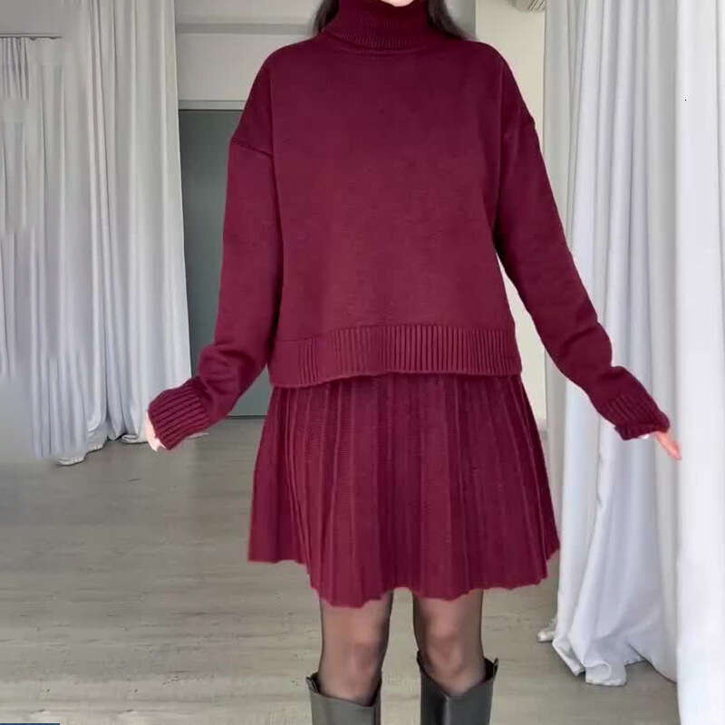 Autumn Winter New Women's Sweater High Neck Long Sleeve Fashion Casual Pleated Short Skirt Set B5