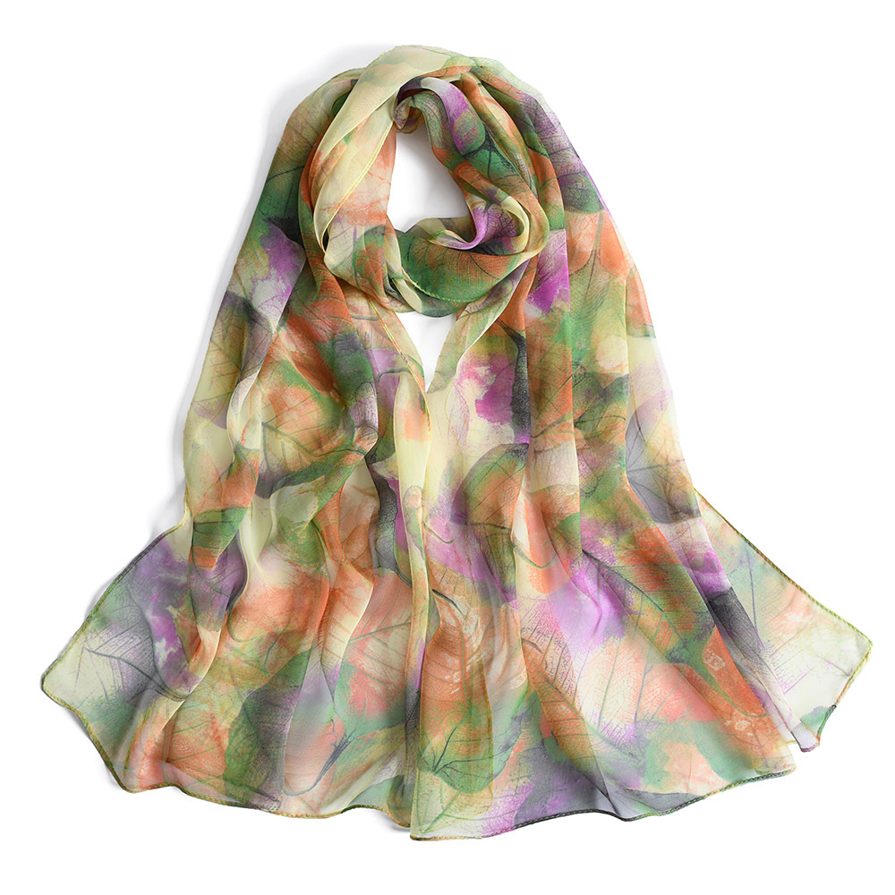 K1364 Leaf print georgette silk scarf scarf clothing accessories Korean version of the popular pastoral lotus pattern silk scarf long scarf