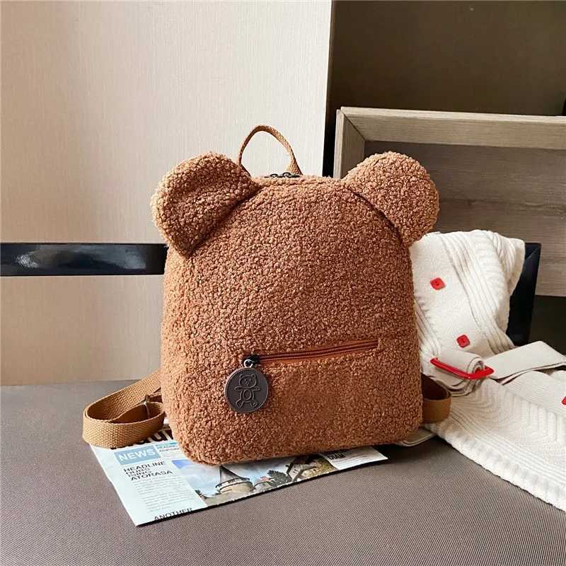 1Pcs Cute Bear Ear Fleece Small Backpack Kids Girls Casual Warm Lambswool Daypack Bag Schoolbag Backpack for Travel Shopping X2507151