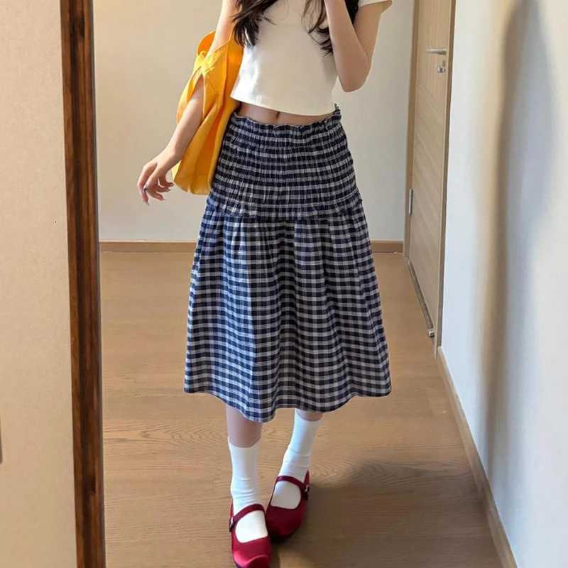 2025 Korean Elastic High Waist Plaid Skirt Women Summer Patchwork Sleeveless A Line Dress Chic Pleated Midi Skirts Female R250728