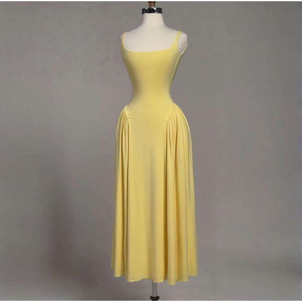 Summer New Women's Solid Color Square Neck Elegant Loose Pleated Sleeveless Plus Size Dress B5