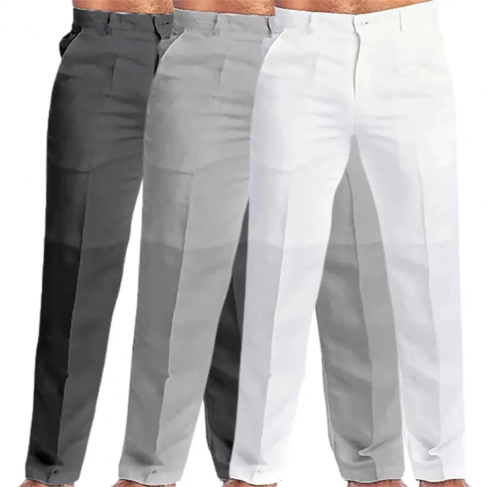 2023 Mens Stand Pocket Casual Linen Pants Solid White Gray Trouser Plus Size 3xl Elegant Fashion Sweatpants Men Streetwear 250714