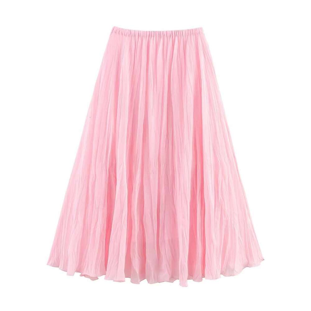 TRAFZA Women's Spring Summer Style Elastic Waist Pleated Effect Long Skirt B5