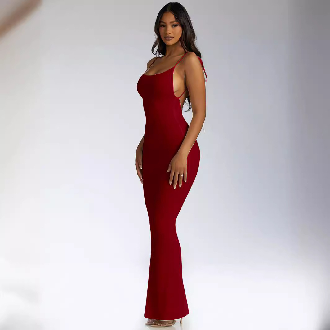Basic & Casual Dresses Plunging back with straps spaghetti strap long slim-fit temperament dress