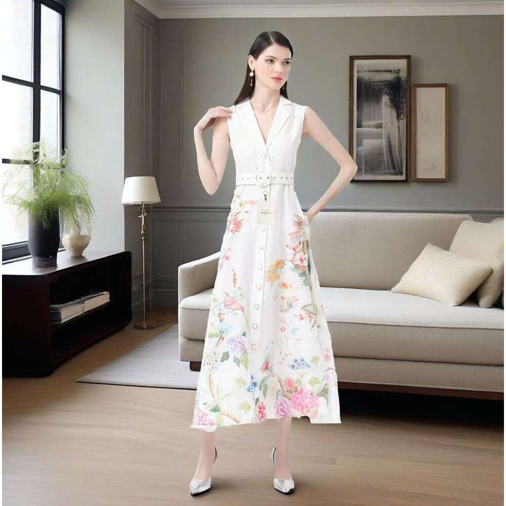 Women's Vacation Style Suit Collar Sleeveless Slim Lace Floral Print Long Dress B5