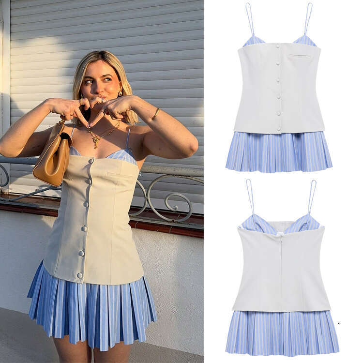 TRAFZA Women's Spring New Fashion Sexy Poplin Patchwork Strap Dress B5