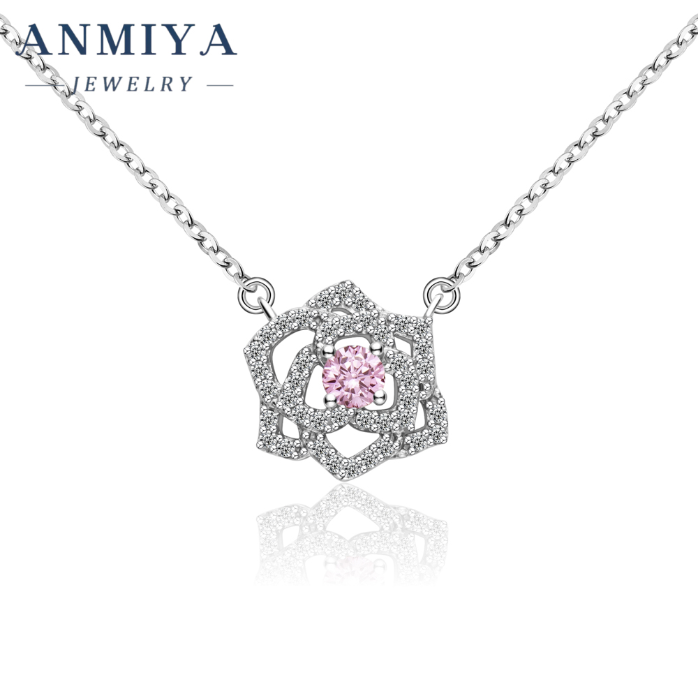 Custom 925 Sterling Silver pink Rose Shape Round Brilliant Cut Zirconia Necklace Pendant for Women