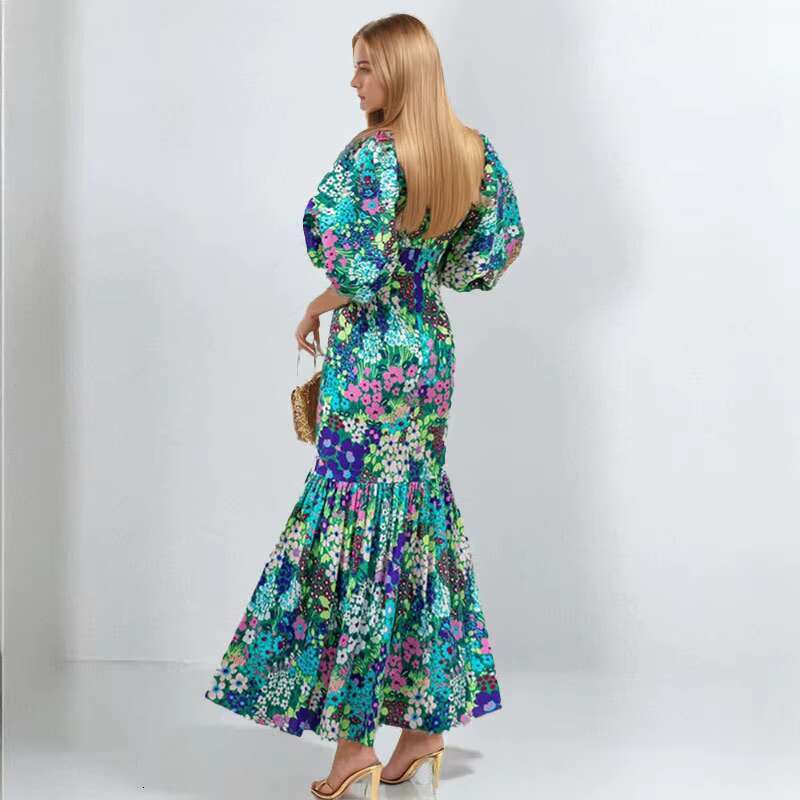 VEITCHE Summer Elegant Women Blue Flower Print Lantern Sleeve And Ankle Slim Bodycon O-neck Pastoral Style Party Dress dongdumaoyi