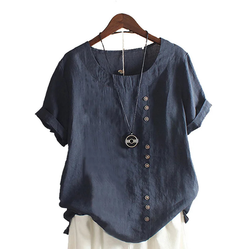 18 Colors S5XL Women Cotton Linen Button Blouse Summer Female ONeck Short Sleeve Solid Shirt Tops WYLPM03 250714