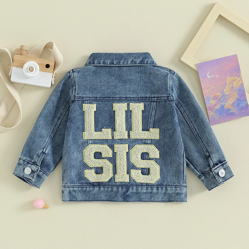 FOCUSNORM 0-5Y Toddler Kids Girls Boys Sister/Brother Denim Jacket Long Sleeve Back Letter Embroidery Single Breasted Coats 250715