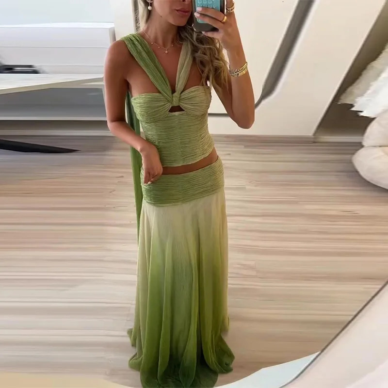 Sexy Top Skirt Womens Set Lace Up Halter Sleeveless Crop Top Floor-length Skirt Female Sets Summer Chic Beach Lady Suit 250715