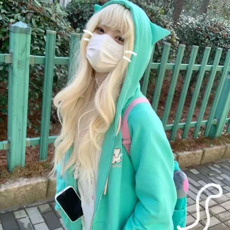 Lake Grn Embroidery Cat Zipper Coats Women Loose Sweatshirts Japanese Long Slve Cute Swt Ear Hooded Sudaderas Y2k Harajuku X2507151