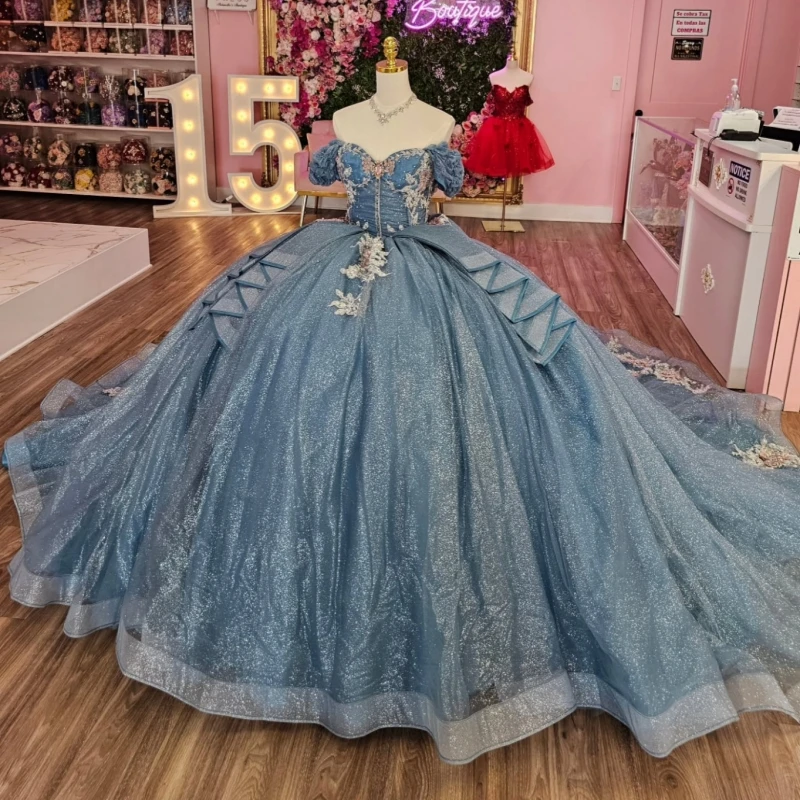 Blue Shiny Quinceanera Dresses Ball Gown Off The Shoulder Beading Applique Lace Tull Corset Party Birthday Sweet 16 Dress Vestidos 15 Anos