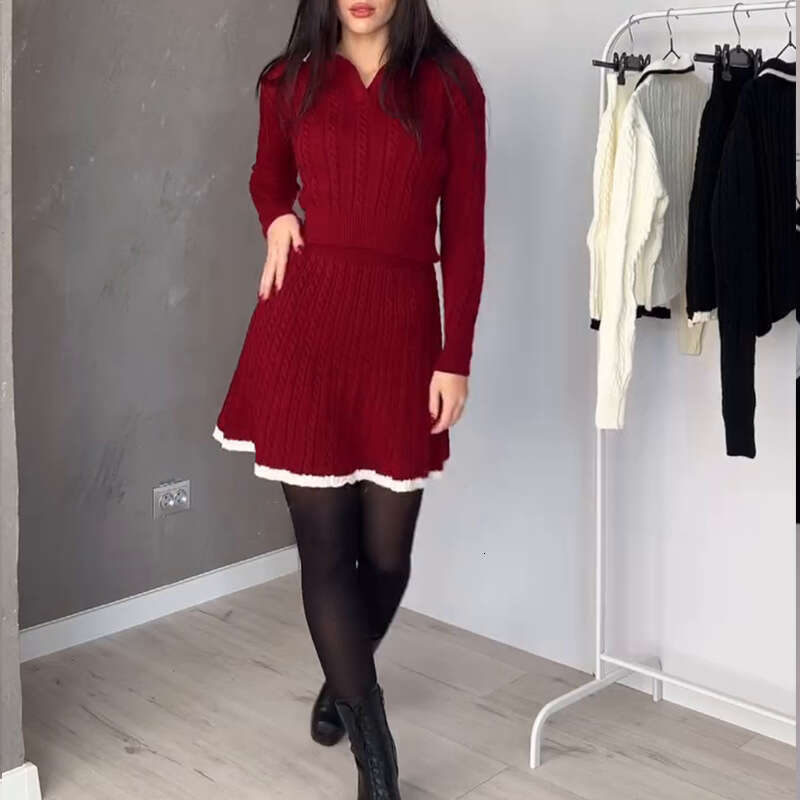 Autumn New Women's Knitted Long Sleeve Short Dress Professional Commuting Fashionable Elegant Set B5