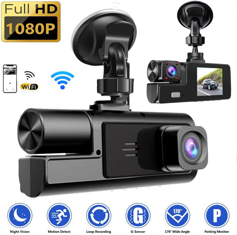 1080P FHD Car DVR Dash Camcorder Dual Cameras Front and Inside with Night Vision, Wireless App Control, Seamless Loop Recording