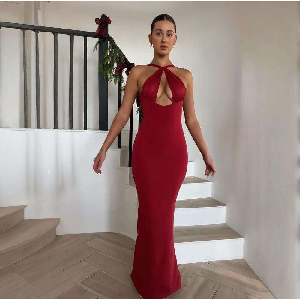 Summer New Women's Sexy Solid Color Off-Shoulder Waist-Cinching Elegant Fashion Dress B5