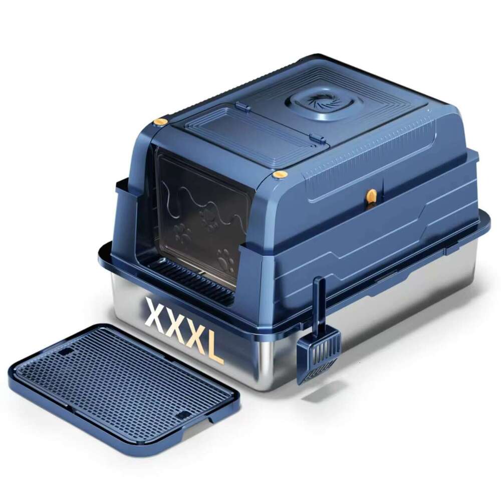 Large Top Entry Enclosed Stainless Steel Cat Litter Box with Lid and Scoop for Big Cats Odor Control