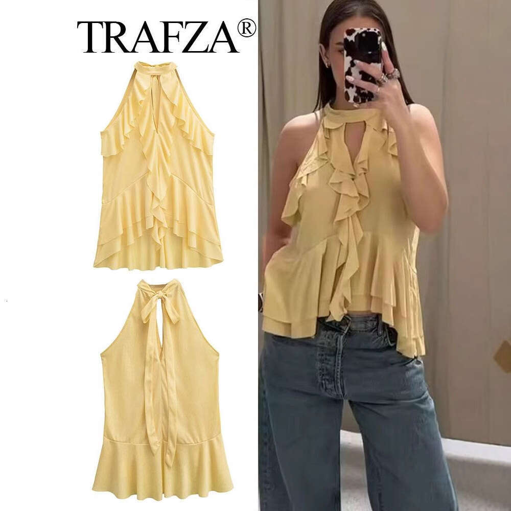 TRAFZA Women's Fashion Spring New Layered Decorative Halter Neck Top B5