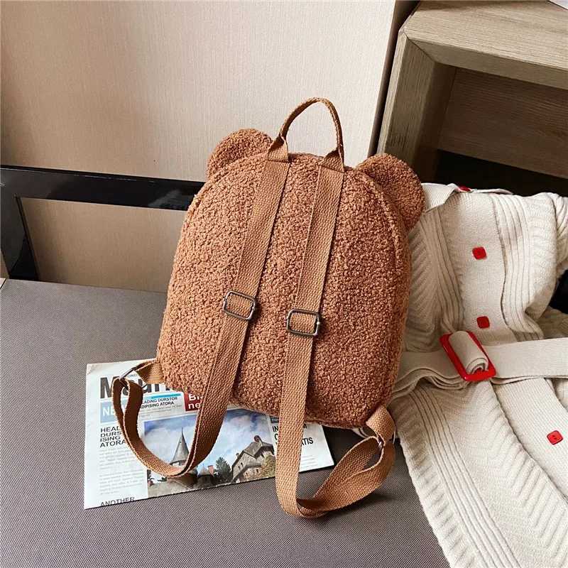 1Pcs Cute Bear Ear Fleece Small Backpack Kids Girls Casual Warm Lambswool Daypack Bag Schoolbag Backpack for Travel Shopping X2507151