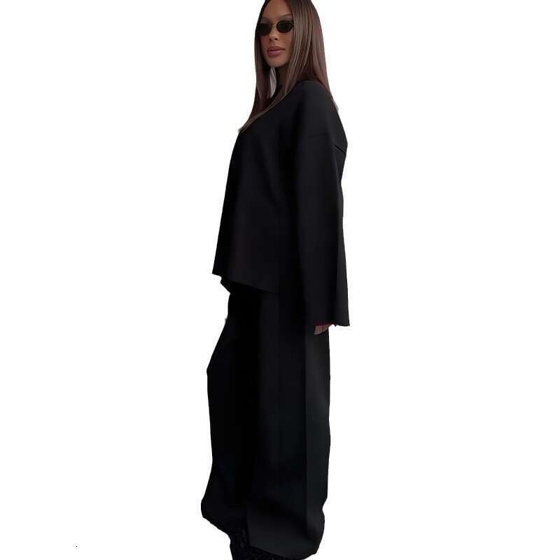 Women's Clothing Spring New Solid Color Round Neck Fashion Casual Wide Leg Pants Sweater Set For Women B5