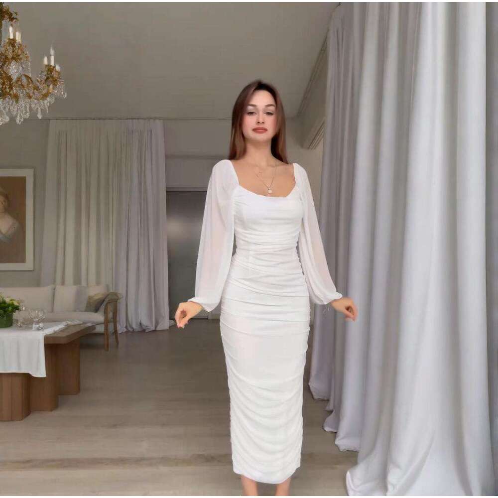 Spring New Women's Pleated Solid Color Waist-Cinching Elegant Fashion Dress B5