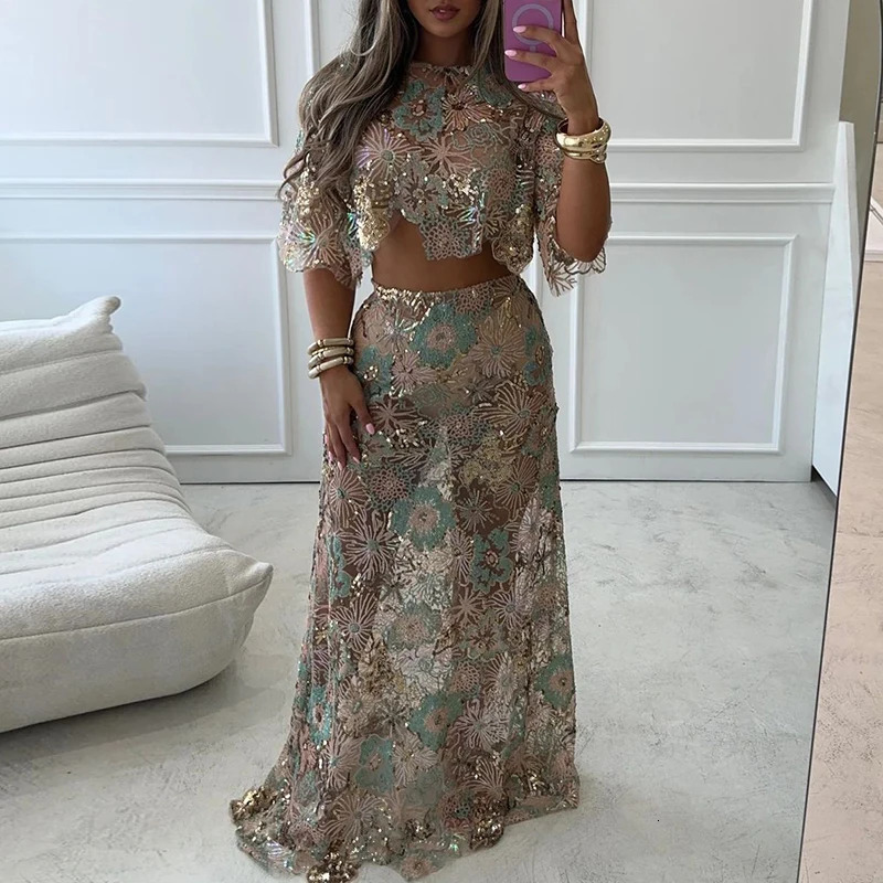 Women O-neck Short Sleeved TopMini Skirt Slim Suit Elegant High Waist Summer Outfit Embroidered Sequins Sexy Club Party 2pc Set 250715