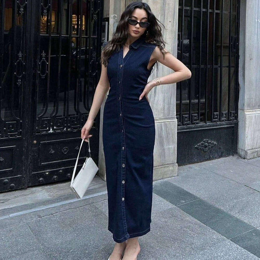 TRAFZA Spring/Summer New Women's Denim Midi Dress B5