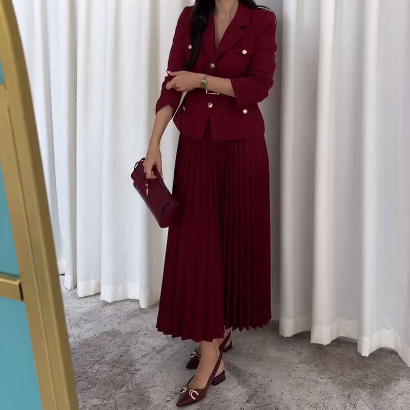 Women's Clothing Autumn New Button Blazer Pleated Skirt Elegant Set For Women B5