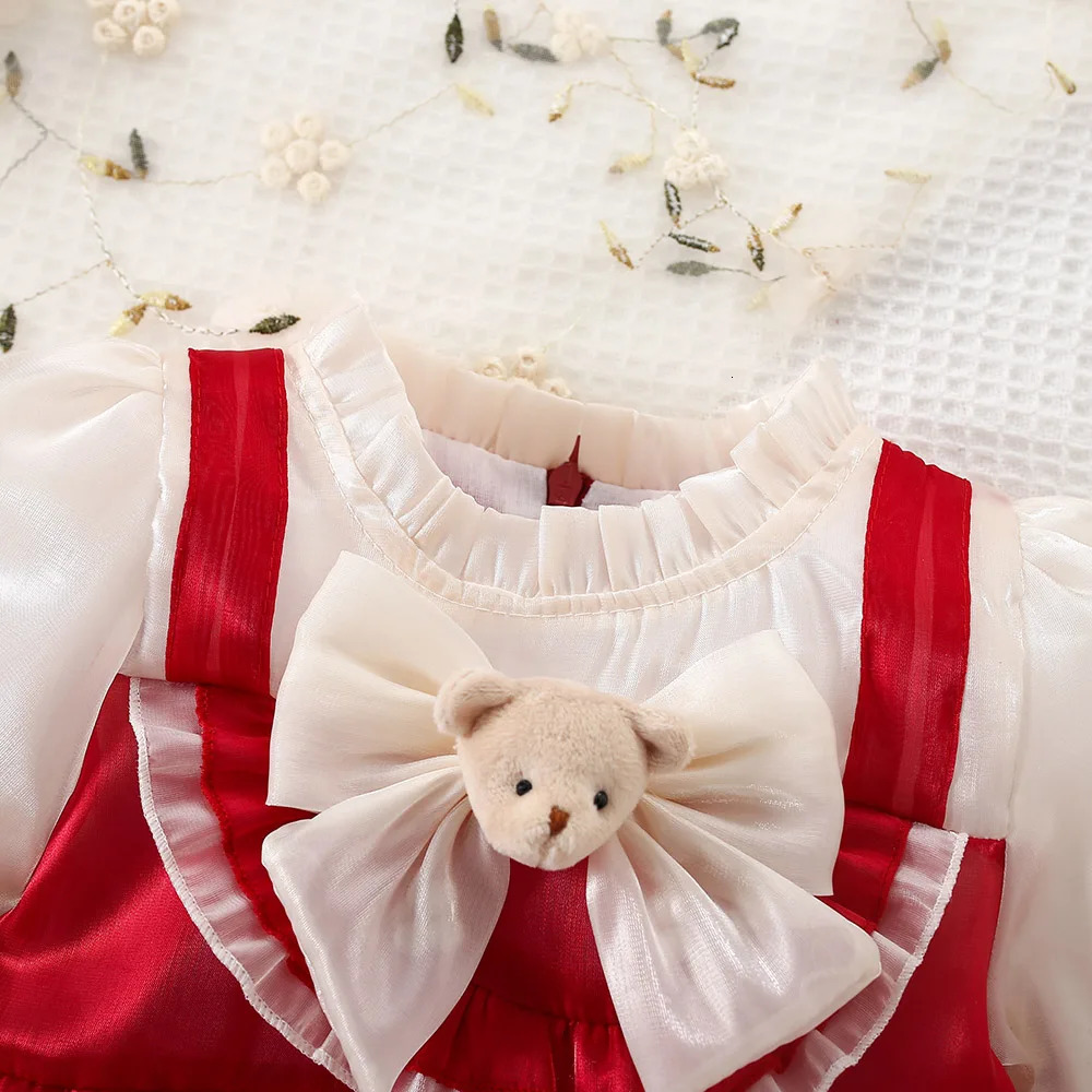 Spring and Autumn Bow Little Bear Girl Princess Dress Sweet Childrens Long sleeved Clothes 0-3 Years Old 250715