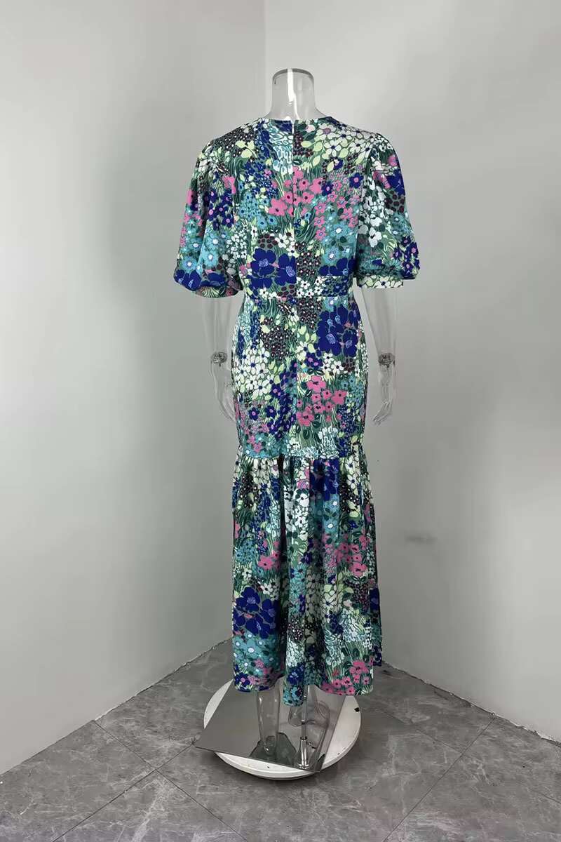 VEITCHE Summer Elegant Women Blue Flower Print Lantern Sleeve And Ankle Slim Bodycon O-neck Pastoral Style Party Dress dongdumaoyi