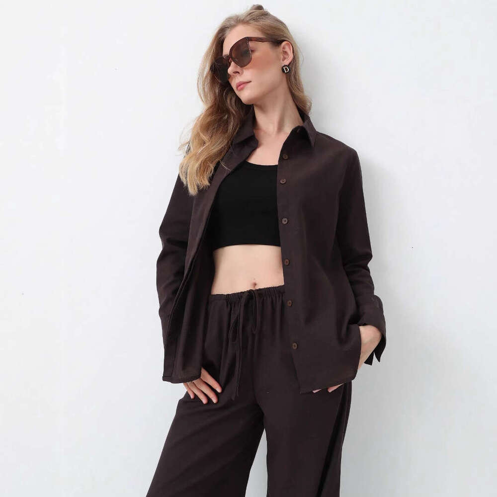 TRAFZA Spring Summer New Style Women's Fashion Casual Turn-Down Collar Long Sleeve Shirt Wide-Leg Pants Set B5