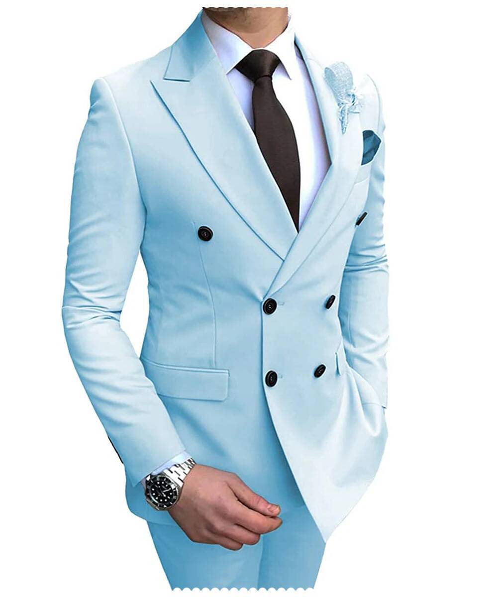 2025 New Beige Men Suit 2 Pieces Double Breasted Notch Lapel Flat Slim Fit Casual Tuxedos For Wedding Blazer Pants