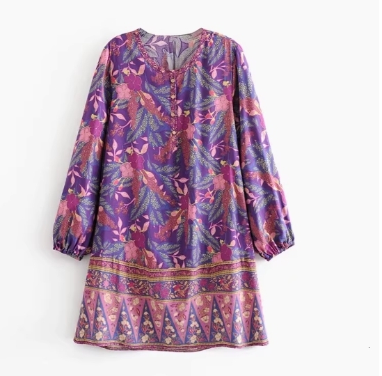 Cockcomb Cotton Bohemian Dress Women Long Sleeve Spring Autumn Beach Purple Short Floral Print Casual 210427