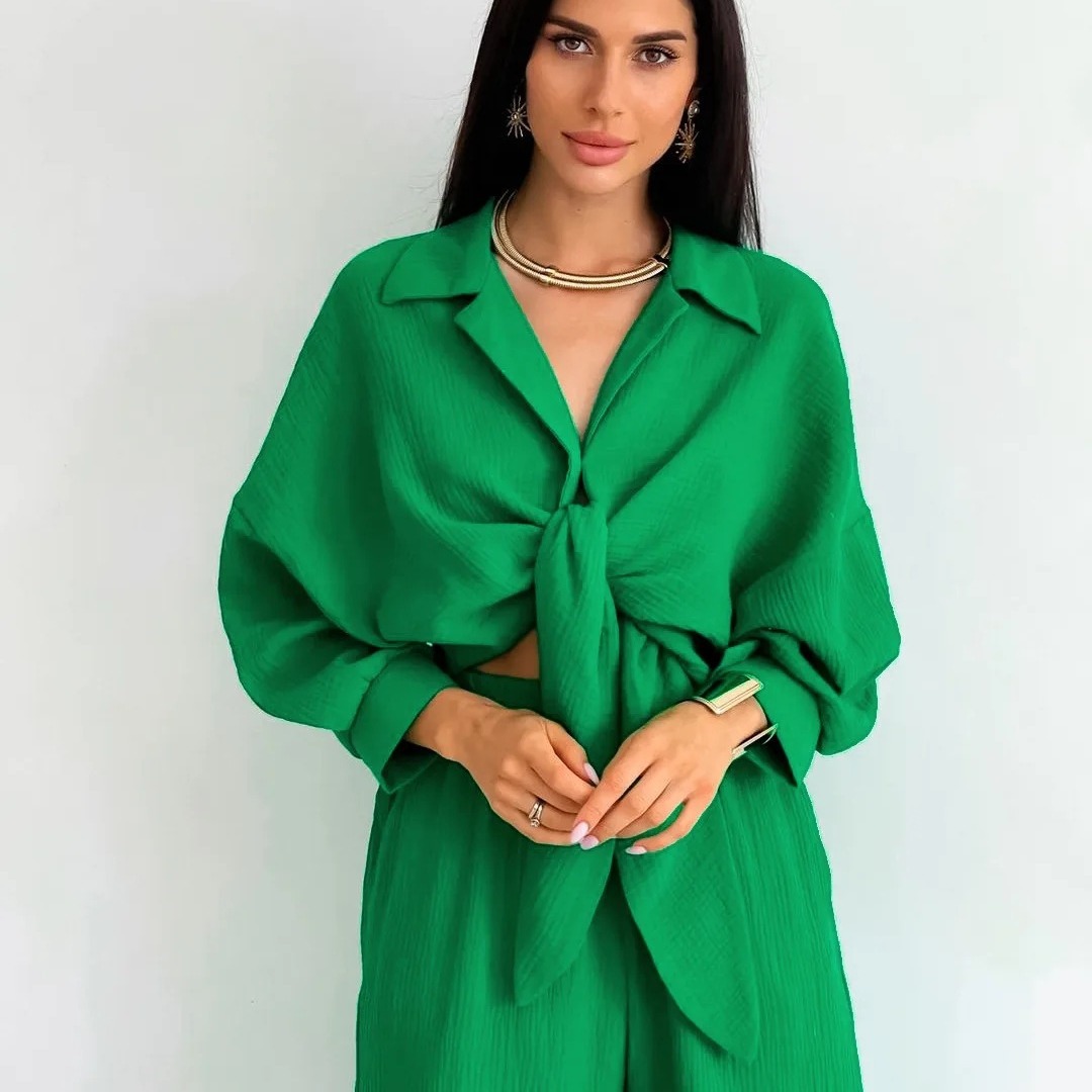 Women's Two Piece Pants 2 Set Autumn Women Crop Top Shirt Wide Leg Pant Fashion Solid Simple Leisure Time Party Suit